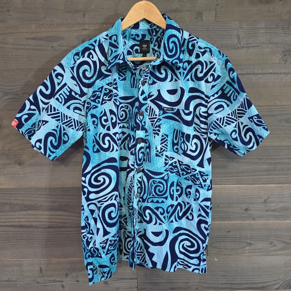 Tanoa Samoa Men's L Blue Turquoise Polynesian Tribal Hawaiian Aloha Shirt